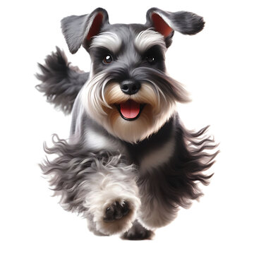happy miniature schnauzer collection, portrait, sitting, lying and standing, isolated on a white background