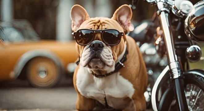 Cool Bulldog Wearing Sunglasses, Funny Bulldog Portrait with Sunglasses