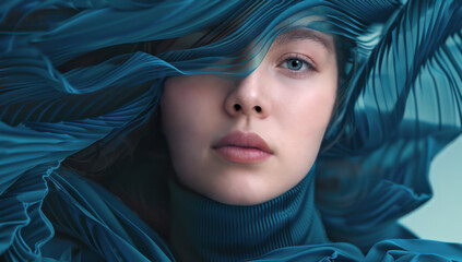 Naklejka premium Conceptual illustration of a woman in a blue turtleneck surrounded by blue waves of fabric.