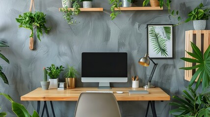 Eco-friendly home office with vibrant greenery surrounding a sleek computer setup