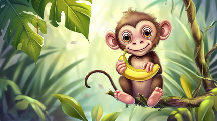 happy cute baby monkey with banana 