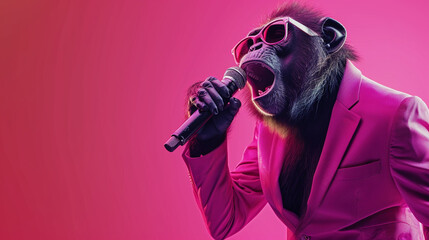 Stylized monkey in sunglasses and pink suit singing passionately into a microphone against a vivid magenta backdrop for entertainment promotion.