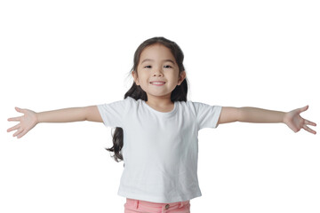 front image girl child with dark hair and features arms stretched out straight to sides on transparency background PNG
