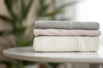 A neat stack of clean knitwear in neutral colors. Concept of cleanliness, storage of clothes.