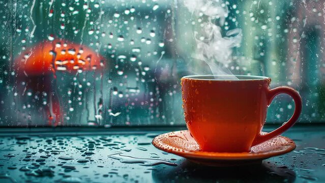 hot drink on red cup near a window in rainy day. steaming coffee cup on a rainy day. seamless looping overlay 4k virtual video animation background