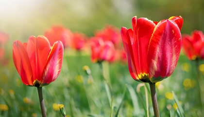 Fototapeta premium Red tulips flower on meadow, spring natural background. landscape with flowers. banner, copy space and bokeh; soft selective focus
