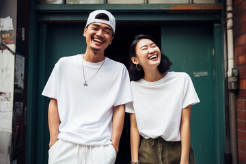 portrait of a happy couple laughing in the city, asian young people, outdoors, wearing fashion casual white streetwear, tshirts, cap, necklace, cheerful upbeat relationship - Powered by Adobe