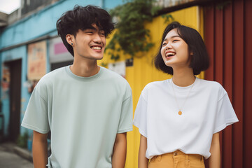 two young happy asian people walking in a street, couple talking and laughing, wearing casual white and light green tshirts, necklace, colorful background, cheerful, upbeat, relationship, friendship