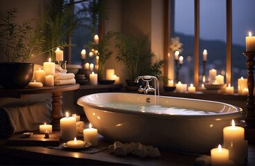 bathtub with warm candle and aromatherapy, Spa and wellness setting