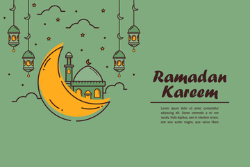 Ramadan kareem greeting card, ramadan mubarak. Decorated with crescent moon ornaments, mosques, hanging lanterns with stars and Ramadan Kareem text.