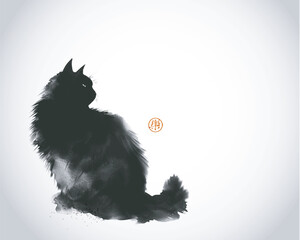 Silhouette of a black fluffy cat. Traditional oriental ink painting sumi-e, u-sin, go-hua. Translation of hieroglyph - joy