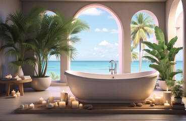Fototapeta na wymiar spa and wellness setting in tropical island with beach view and bathtub and candles
