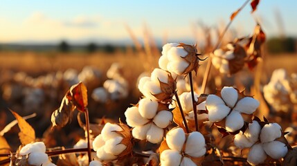 Cotton in a field with a blue sky in the style of gentle flower