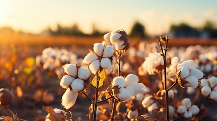 Cotton in a field with a blue sky in the style of gentle flower