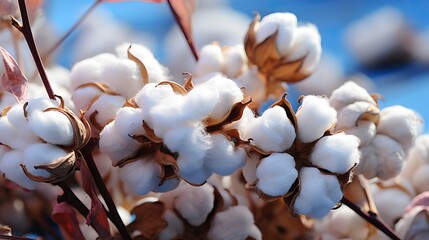 Cotton in a field with a blue sky in the style of gentle flower