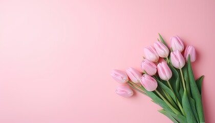 Pink tulips flower on pink background for Greeting card, background for banner