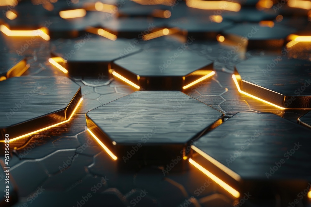 Poster a perspective that plays with the depth of hexagonal shapes, some recessed and some raised on a blac