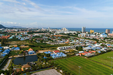 View of the city of Hua Hin in Thailand and football fields from above