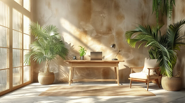 Minimalist Pastel Academia Office with Wooden Desk and Plants, Photo-Realistic Hyperbole, 3840x2160, White and Beige, Empty Space