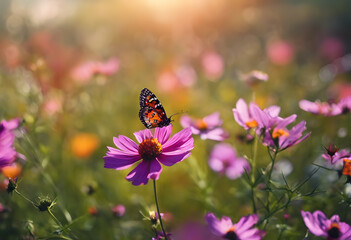 Monarch butterfly on a vibrant purple flower with a soft-focus background of a sunlit floral meadow.