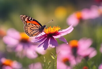Monarch butterfly on a pink flower with a blurred floral background.