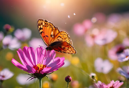 Vibrant butterfly on a pink flower with sunlit bokeh background.