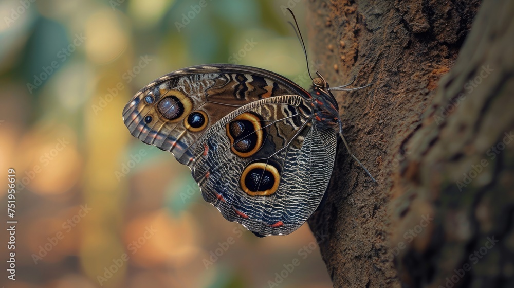 Poster a mesmerizing close-up of a butterfly resting serenely on a brown tree branch, its wings unfurled to
