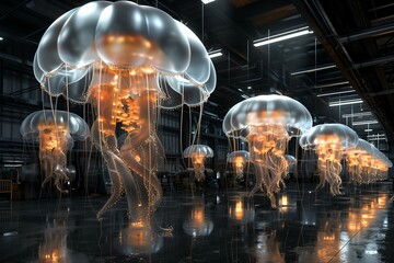 luminogram jellyfish ufo gantry crane in UFO storage bay,movie still,cinematic lighting