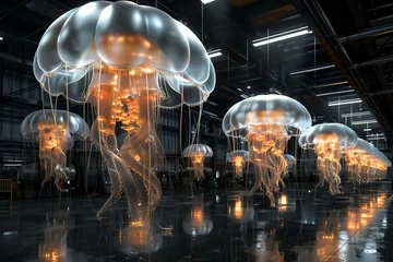 Fototapeten luminogram jellyfish ufo gantry crane in UFO storage bay,movie still,cinematic lighting © Evodigger