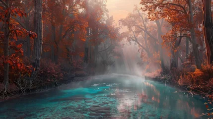 Foto auf Acrylglas A misty autumn sunrise over a secluded creek, the water a striking shade of turquoise against the rich oranges and reds of the trees lining its banks, creating a peaceful and picturesque setting. 8k © Muhammad