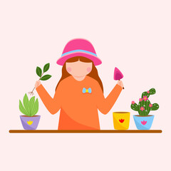 Young girl wearing a hat taking care of plants by planting them in pots, gardening concept.