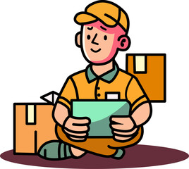 Vector character delyveryman with package on his hand ready send to customer
