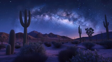 A night sky in a remote desert, with a clear view of the Milky Way arching over a landscape of sand dunes and cacti. 8k - obrazy, fototapety, plakaty