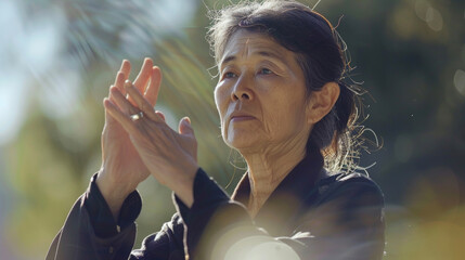 A serene expression on a persons face as they move through the graceful flowing motions of Tai Chi feeling a sense of calm and inner peace.