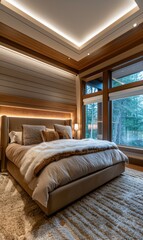 Contemporary bedroom with large window and elegant lighting.