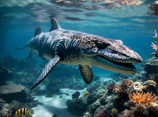 A majestic Pliosaur the crystal clear waters of a vibrant blue ocean reef, surrounded by a colorful array of tropical fish.
