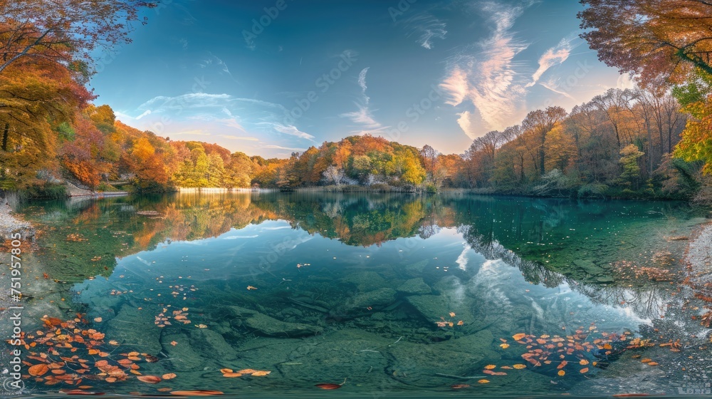 Poster an expansive view of a serene pond encircled by forests glowing in the colors of fall, illuminated b