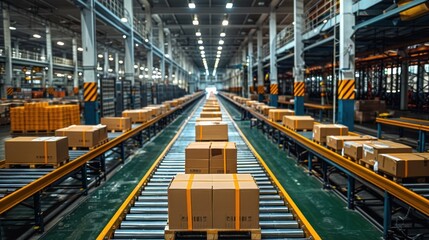 Fototapeta premium Products transition seamlessly from production to distribution on the factory floor. Generative AI.