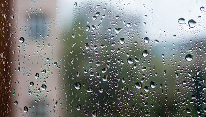 drops water on wet glass window in rainy day. rain outside window. summer or autumn rainy season. abstract texture of raindrops close up