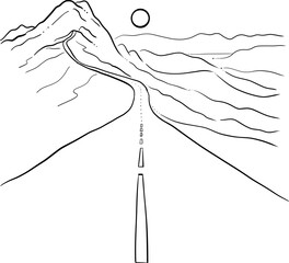 Black line sketch illustration of the road direct to the mountain with a clear sunrise sky - 751957830