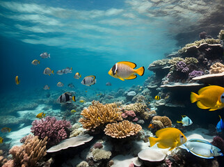Naklejka na ściany i meble A majestic Gigantura the crystal clear waters of a vibrant blue ocean reef, surrounded by a colorful array of tropical fish.