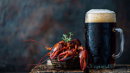 Dark stout beer with lobster, a classic pairing for seafood lovers and fine ale aficionados. - obrazy, fototapety, plakaty