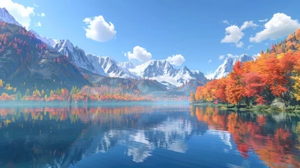 Aluminium Prints Reflection An expansive autumnal panorama of a mountain lake, reflected in the glassy surface beneath a clear blue sky, with the surrounding peaks and forests decked out in a tapestry of fall colors