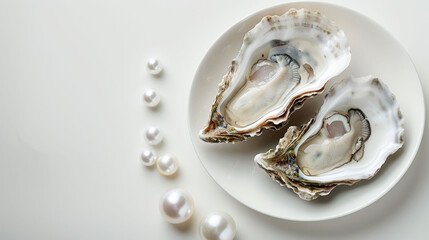 Oysters with pearls on a plate, conveying luxury, marine life, and natural treasures.