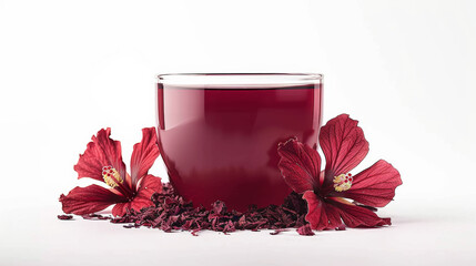 Fototapeta na wymiar A glass of hibiscus tea surrounded by dried petals, representing herbal health and calming teas.