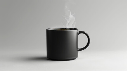 A steaming black mug of coffee on a minimalist backdrop, perfect for a focused and energizing start.