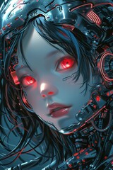 Futuristic Cyborg Woman with Glowing Red Eyes