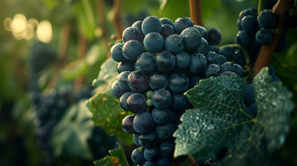Close-up of dark blue grapes on the vine, highlighting the natural beauty of a vineyard.