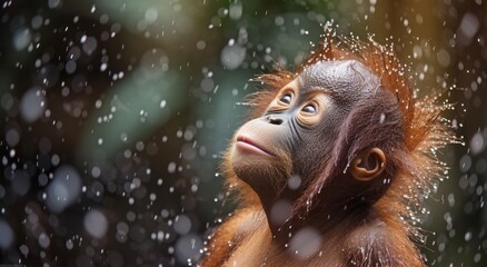 Young Orangutan Enjoying a Rain Shower