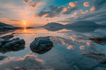 Serene Sunset Over a Calm Lake with Mountains in the Background